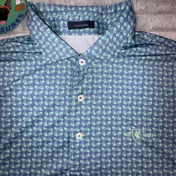 Turtleson Men's Large Performance Stretch Polo Floral AOP‎ Blue Green Golf Shirt - Picture 3 of 11